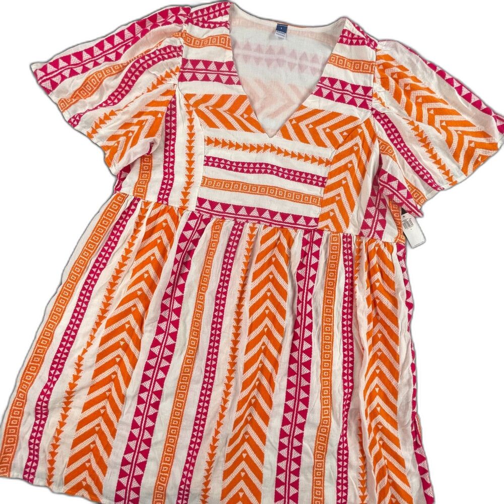 Old Navy Jacquard Mini Swing Dress Large Pink Orange Geometric Aztec Boho Folk